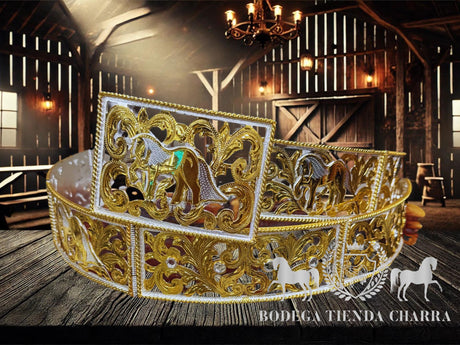 Cinto chapeado en oro modelo Caballo Friesian - Tiendacharra.com - Bodega Tienda Charra