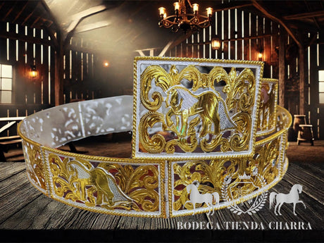 Cinto chapeado en oro modelo Caballo Friesian - Tiendacharra.com - Bodega Tienda Charra